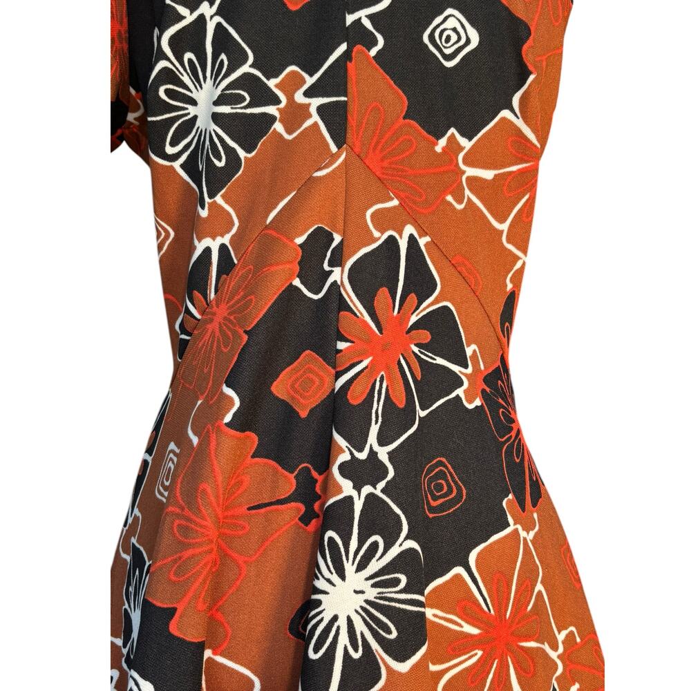 Sears Fashions Mod Floral Mini Dress Orange Black 60s 70s A Line Short Sleeve - Picture 7 of 11